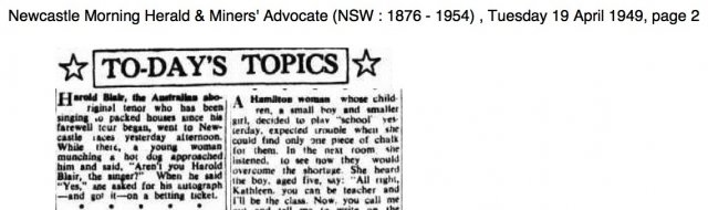 Harold Blair, Aboriginal tenor sings to packed houses. Newcastle Herald 1949